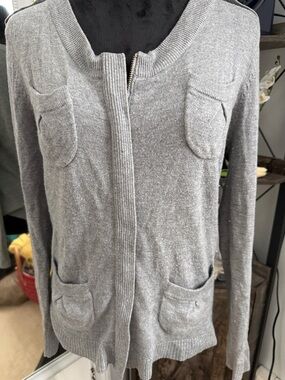 Cache Light Gray Zip-Up Pocket Cardigan